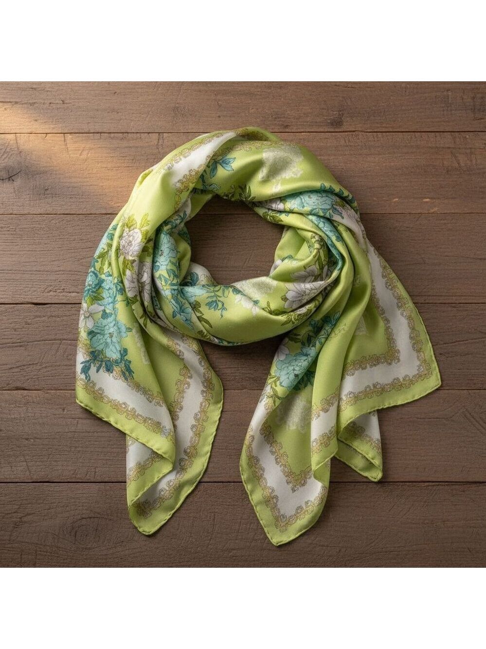 Green Floral Satin Scarf Lightweight Shawl Wrap Elegant Summer Accessory - Picture 7 of 12